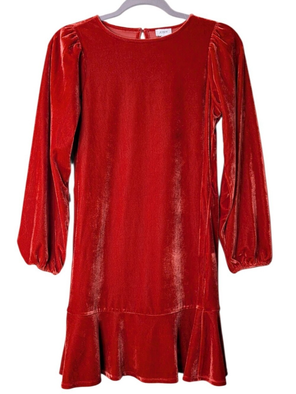 J.Crew Red Berry Sangria Tie Waist Velvet Ruffle Hem Puff Sleeve Mini Dress XS